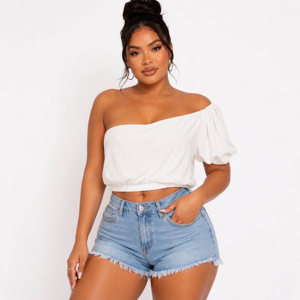 Gilli Reese Top White One Shoulder Puff Sleeve Blouse 1X NEW
